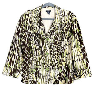 Bob Mackie Jacket Women 14 Green Brown Linen Button Abstract Animal Print Casual
